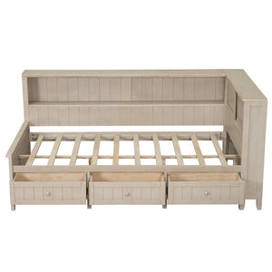 English Elm Twin Wood Daybed with 3 Drawers & Open Shelves, Antique White Milk Finish — Storage, Classic Charm, Twin Size Craftsmanship GX002213AAK
