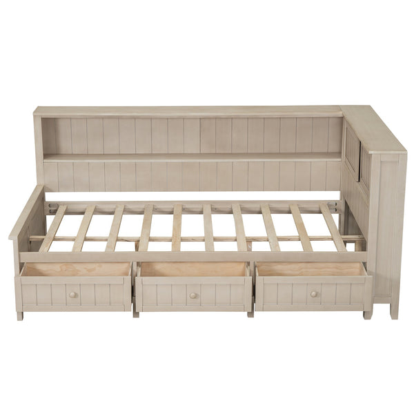 English Elm Twin Wood Daybed with 3 Drawers & Open Shelves, Antique White Milk Finish — Storage, Classic Charm, Twin Size Craftsmanship GX002213AAK