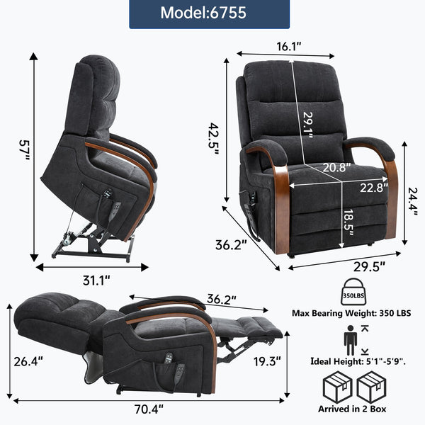 English Elm Power Lift Recliner Chair Chenille Upholstery Dual Motor Heat Massage Solid Wood Arms Black W1803S00076