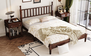 English Elm Queen Wood Platform Bed with Gourd-Shaped Headboard, Retro-Inspired Solid Frame, Slat Support, Sturdy Elegance Walnut 64.8 L x 17.5 W x 9.5 H N733P206242D