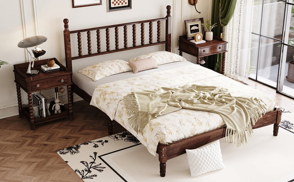 English Elm Queen Wood Platform Bed with Gourd-Shaped Headboard, Retro-Inspired Solid Frame, Slat Support, Sturdy Elegance Walnut 64.8 L x 17.5 W x 9.5 H N733P206242D