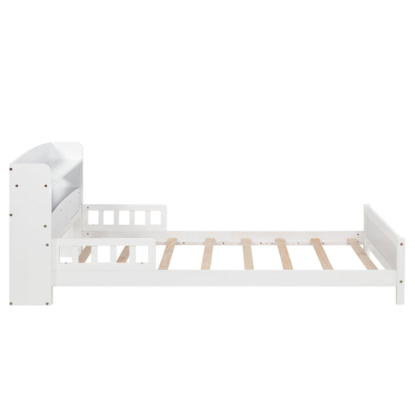 English Elm Twin Pine Wood Bed with Bookcase Headboard LED Motion Sensor Light Guardrails Ample Storage Space White W504P277596