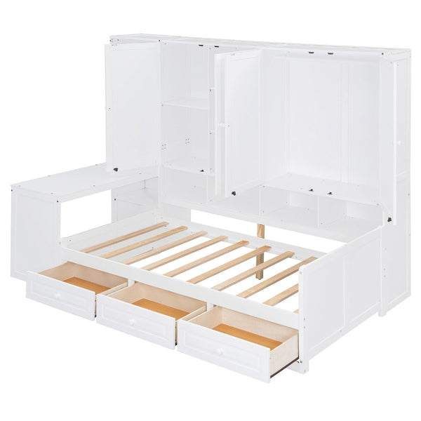 English Elm Twin Size Daybed With Storage Drawers, Desk & Shelves - Stylish Space-Saving Furniture In White N820S00054K-GIGA