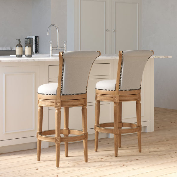 English Elm 26in. Wood High-back Swivel Barstool Farmhouse Style Nailhead Upholstered Kitchen Seat Oak B2751P436433