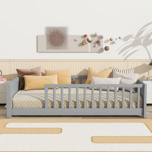 English Elm Twin Floor Platform Bed With Book Rack - Cozy Grey Design, Safe Low Profile, Easy Assembly & Storage W504P345764-GIGA