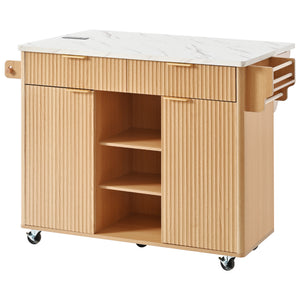 English Elm K&k Fluted Rolling Kitchen Island Faux Marble Top Power Outlet Drop Leaf Storage Natural N707S000019Y