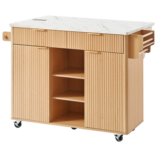 English Elm K&k Fluted Rolling Kitchen Island Faux Marble Top Power Outlet Drop Leaf Storage Natural N707S000019Y