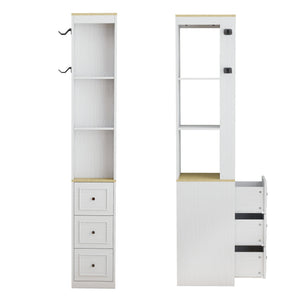 English Elm 73" Slim Tower Cabinet Antique White Mdf with Drawers Hooks and Display Shelves W1120P327084