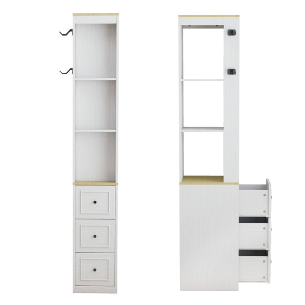 English Elm 73" Slim Tower Cabinet Antique White Mdf with Drawers Hooks and Display Shelves W1120P327084