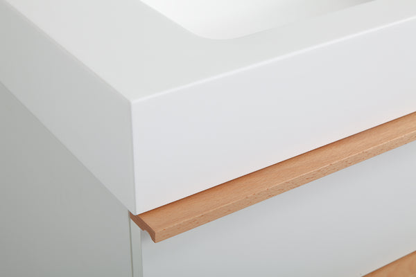 English Elm VELA 30 Inch Wall Mounted Bathroom Vanity with Integrated Acrylic Sink, Dual Wood Handles, Soft-Close Drawers, Matte Finish White W3235P327594