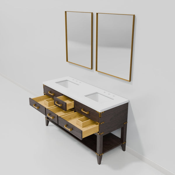 English Elm Brown Oak Double Bath Vanity With White Quartz Top & 28 In. Mirrors - Elegant Storage Solution! B2731S01632