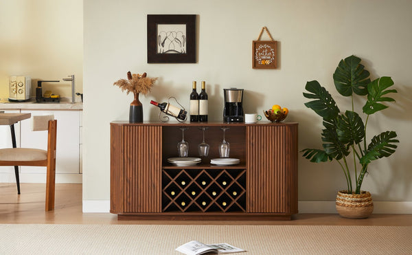 English Elm 58" Wavy Curved Sideboard with Wine Rack Glassware Holder and Adjustable Shelves Walnut W1162P386373