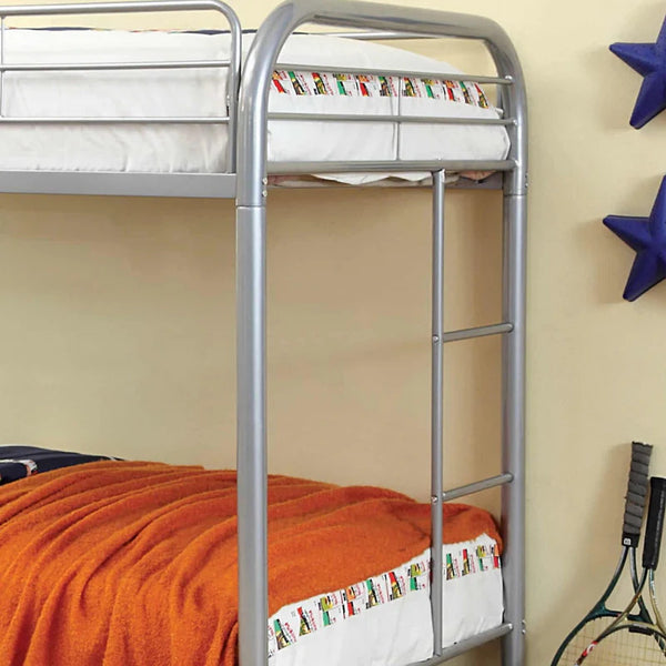 English Elm Twin Industrial Metal Bunk Bed with Wood Panels and Built-In Ladder, Guarded Top, Versatile Layouts Silver 86 L x 21 W x 7 H B2741P353755