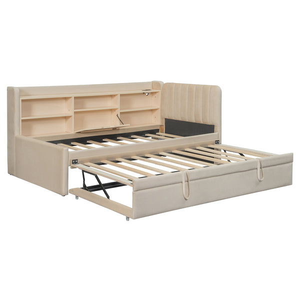 English Elm Twin Upholstered Daybed with Pull-Up Trundle, Velvet High Back with Shelves, Flip Storage & USB Beige SF000194AAA