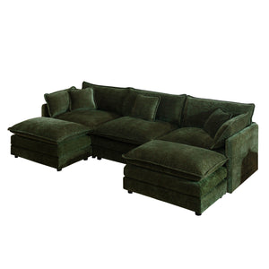 English Elm U-shaped Chenille Sectional with Dual Ottomans Modular Living Room Sofa in Green W714S00465