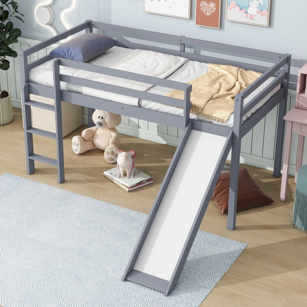 English Elm Twin Low Loft Bed with Slide and Ladder for Kids, Rubberwood Frame, Safety Guardrails & Playspace Grey W504P218522