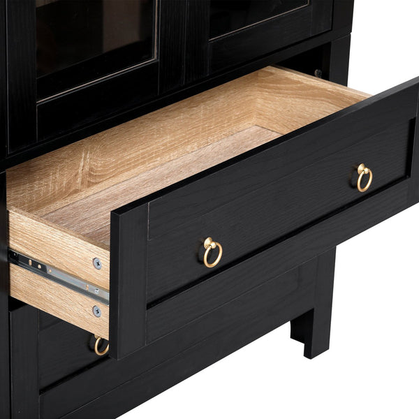 English Elm K&K 71" Arched Kitchen Pantry Cabinet with Glass Doors, Adjustable Shelves, Soft-Close Drawers Black N707P288972B