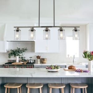 English Elm 37" Five-light Iron Chandelier Brushed Nickel Finish Clear Glass Linear Kitchen Pendant W1340P206715