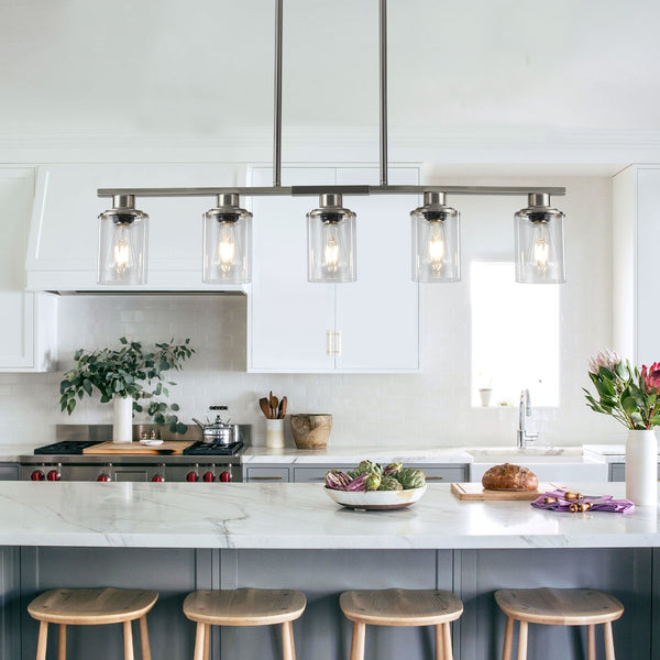 English Elm 37" Five-light Iron Chandelier Brushed Nickel Finish Clear Glass Linear Kitchen Pendant W1340P206715