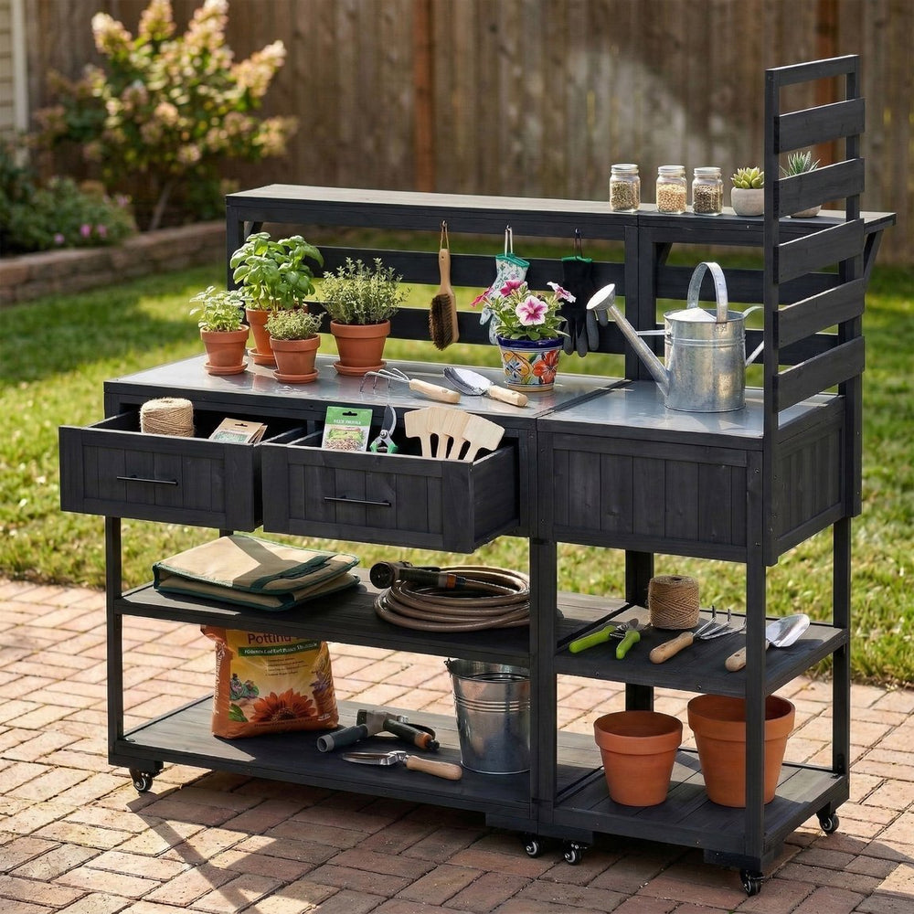 English Elm Topmax Modular Fir Wood Outdoor Kitchen Cart Stainless Steel Prep Station Black N717P417963B