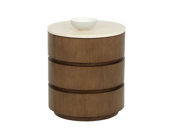 Sunpan CALDORA Nightstand - Sculptural Oak Veneer with Polished Marble Top, Modern Design & Quiet Storage 112685
