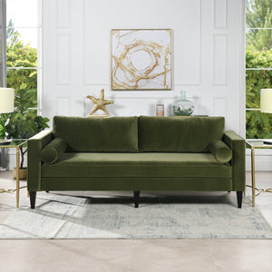 English Elm Jennifer Taylor Home - Nicholi 84" Mid-Century Sofa in Olive Performance Velvet — Handbuilt Solid Hardwood Frame, Durable Comfort B2719P238300