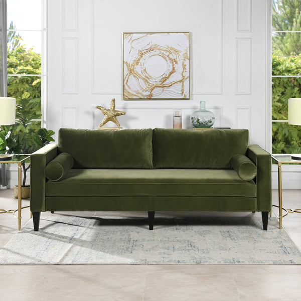 English Elm Jennifer Taylor Home - Nicholi 84" Mid-Century Sofa in Olive Performance Velvet — Handbuilt Solid Hardwood Frame, Durable Comfort B2719P238300