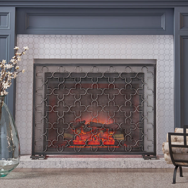 English Elm Christopher Knight Home® - FIRE Modern Single Panel Iron Fireplace Screen Black Brushed Silver – Clover Trellis Mesh Guard, 43x32 65180.00BBSILV