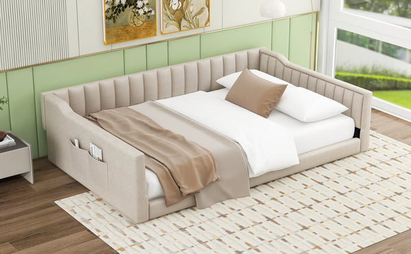 English Elm Full XL Upholstered Daybed with Velvet Channel Tufting, Tapered Dowel Legs & Side Storage Pocket Beige DL002211AAA