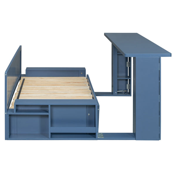 English Elm Full Size Daybed with Hydraulic Desk Armrests Storage Drawer and Sofa Seating Blue LT000271AAC