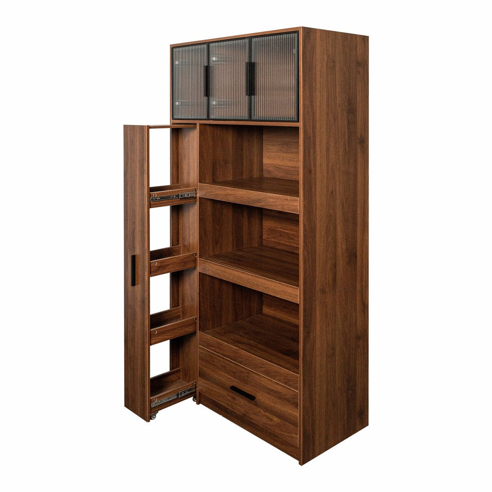 English Elm 70.87" Tall Kitchen Pantry Cabinet - Stylish Multi-Functional Food Hutch With Pull-Out Storage & Drawer W331S00198