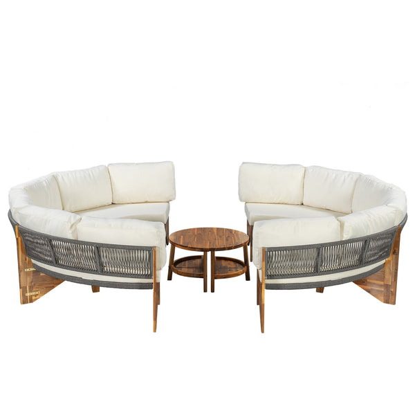 English Elm U_style Circular Patio Sofa Set Pp Rope Woven Steel Frame Acacia Wood Resort Lounge Beige WY000468AAA