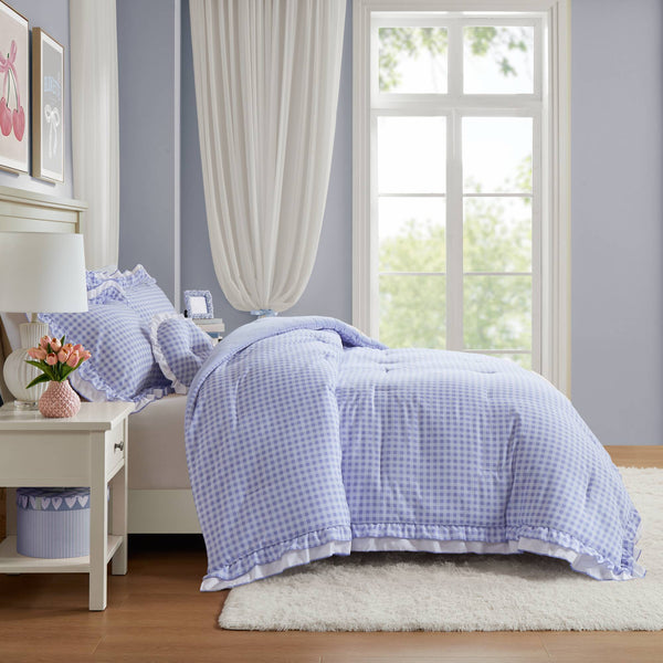 English Elm 4-piece Gingham Ruffle Comforter Set Romantic Cottage Bedroom Brushed Polyester Fill Blue B035P463186