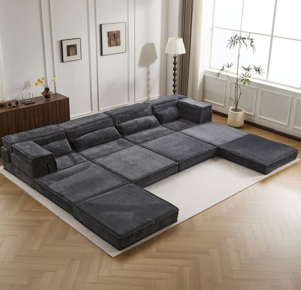 English Elm Compression Mahjong Sofa - Oversized Modular Floor Bed With Ottoman, No Assembly, Soft Fleece Fabric W3723S00037