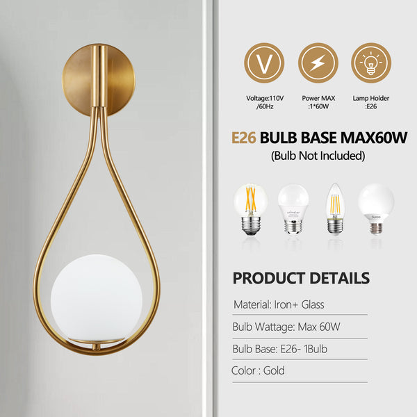 English Elm 19" Modern Gold Wall Sconces Set of 2 with Opal Glass Globes, Mid-Century Luxury Lighting for Bedroom Hallway W2312P374998