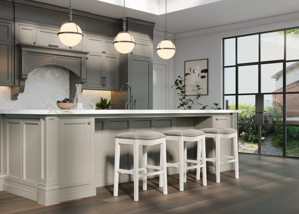 English Elm 31in. Farmhouse Whitewash Hardwood Barstool Nailhead Upholstered Seat Kitchen Island Accent White B2751P436419