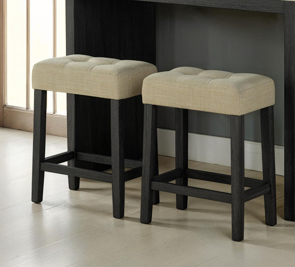 English Elm Two-Tone Travertine Top 3pc Dining Set with Biscuit-Tufted Beige Stools, Black/Gray Transitional Chic B2741P301915