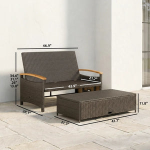 English Elm 4-in-1 Wicker Outdoor Daybed with Acacia Armrests Reclining Loveseat and Storage Ottoman T3971P484810