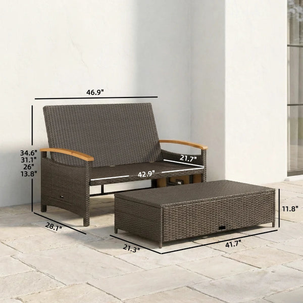 English Elm 4-in-1 Wicker Outdoor Daybed with Acacia Armrests Reclining Loveseat and Storage Ottoman T3971P484810