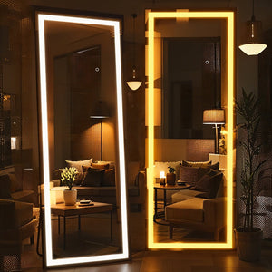 English Elm 65x22 Full Length Mirror with 180 LED Lights, Dimmable 3-Temp Touch Control, Shatterproof Black Frame T3757P347065