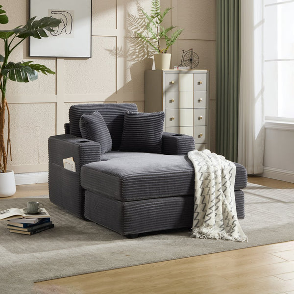 English Elm [New]Corduroy Upholstered Chaise Lounge Sofa with Detachable Cushions, Deep Seat, Cup Holders Grey W2120P322753