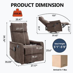 English Elm Heat Massage Rocker Swivel Recliner Fabric Chair with Lumbar Therapy for Living Room Brown W1803P362305