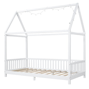 English Elm Wood Twin Size House Bed with Guardrail, Built-In LED Lights, Sturdy Pine Frame for Safe Sleep N709P177522K