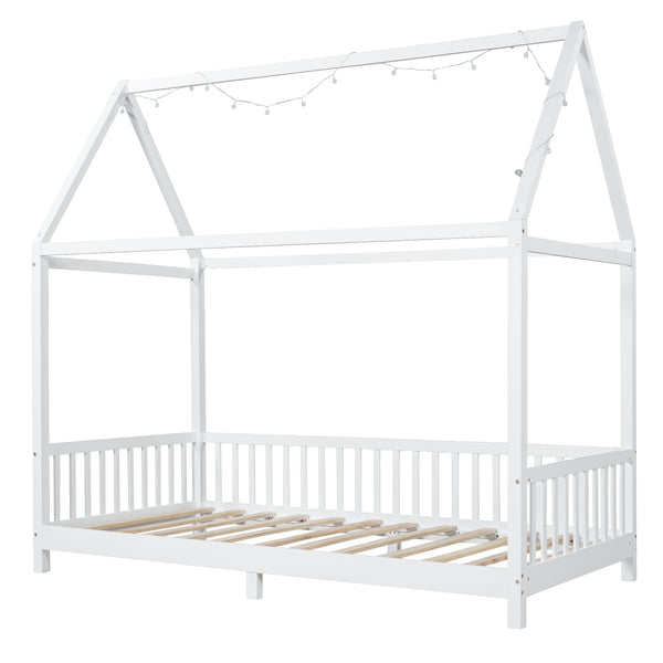 English Elm Wood Twin Size House Bed with Guardrail, Built-In LED Lights, Sturdy Pine Frame for Safe Sleep N709P177522K