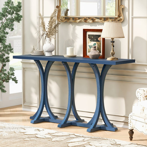 English Elm U-style Farmhouse Console Table Oak Veneer Top Curved Rubberwood Legs Entryway Navy Blue N711P295300V