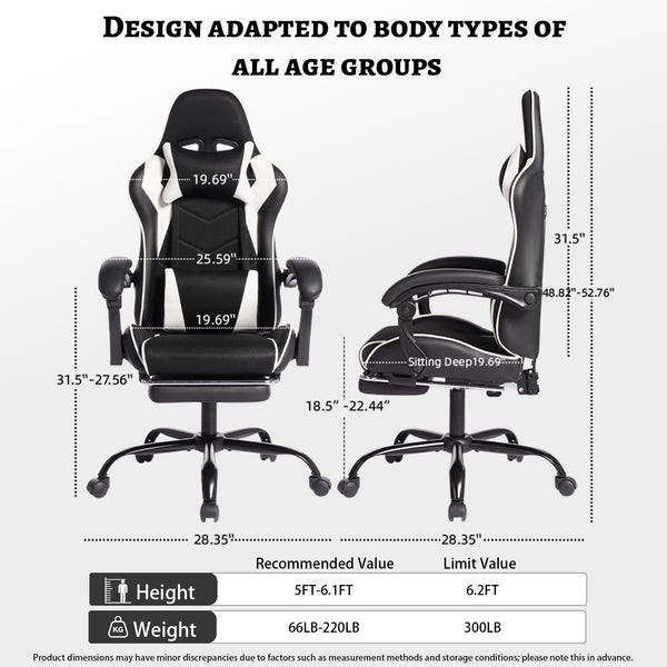 English Elm Deepfurniture Racing Style Gaming Chair Pu Leather Massage Lumbar Footrest Home Office Black White W3860P428632