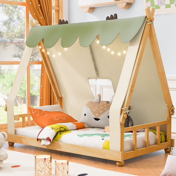 English Elm Twin Cabin Bed with Detachable Tent Skylight and Woodland Deer Antler Accents White N708P356716K