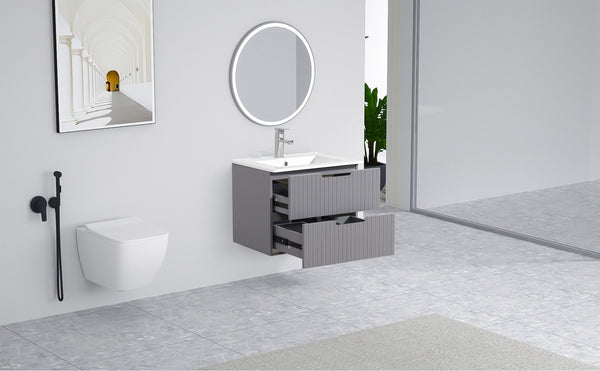 English Elm 24 Inch Floating Bathroom Vanity – Stylish Wall-Mounted Cabinet With Ceramic Sink & Soft-Close Drawers W1550S00032