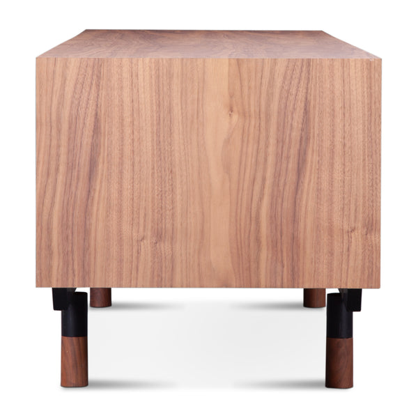 English Elm Finn Finn Juhl 1955 TV Cabinet Blue Walnut – Solid Wood MDF, Black Stainless Legs, Lacquered Drawers, 63” L x 20” W x 9” H B353S00002