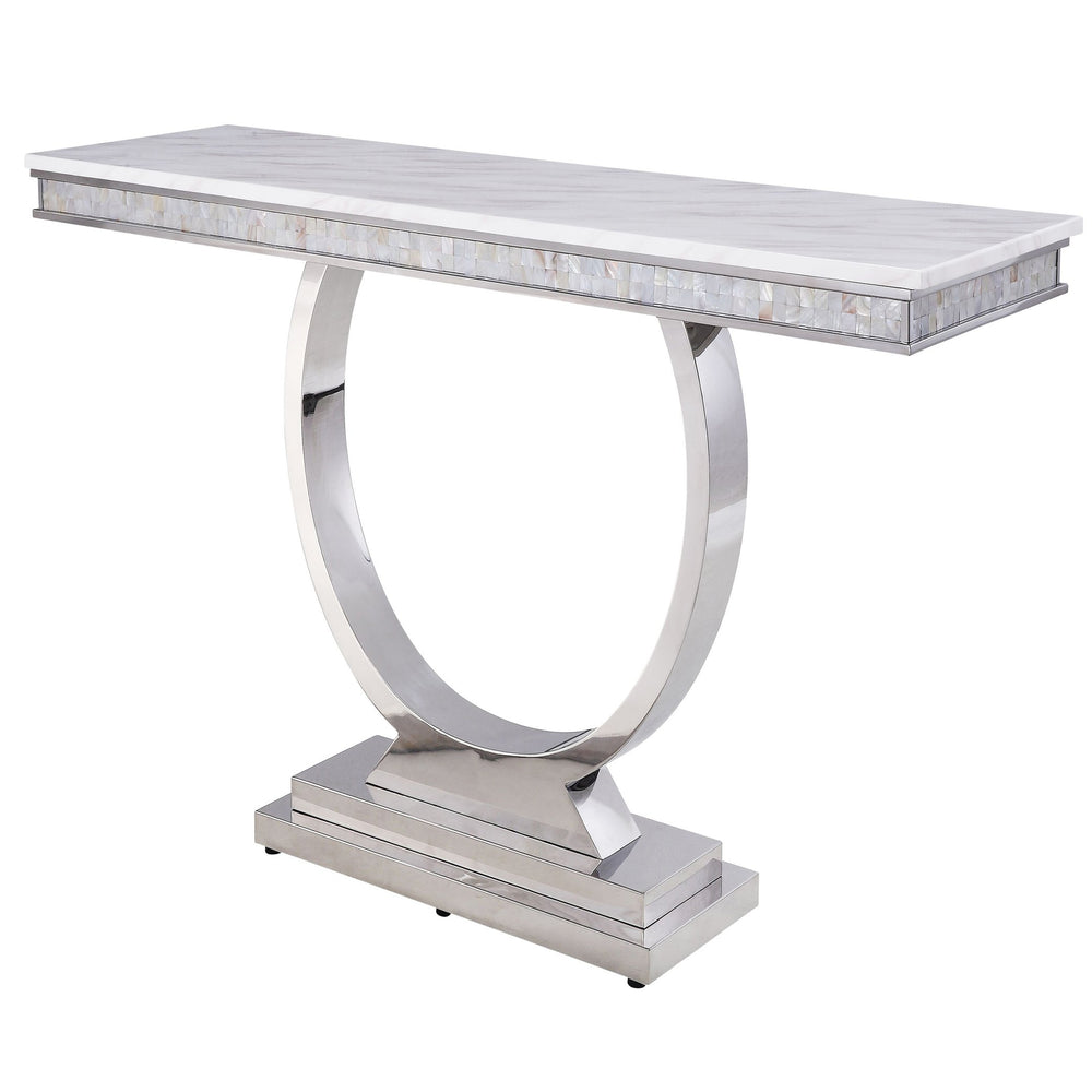 English Elm White Cultured Marble Sofa Table with Mirrored Silver Stainless Steel Frame, 63.5" Wide Elegance B062S00457